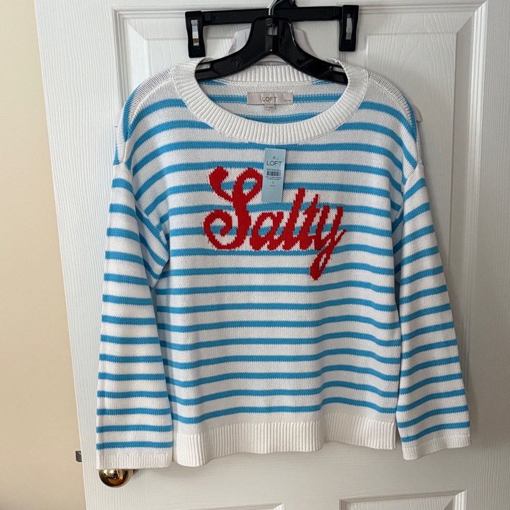 LOFT Blue and White Striped Sweater with Red Design